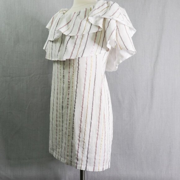 Charles Henry Off Shoulder Dress M White & Metallic Stripe Ruffle Popover Summer - Picture 1 of 16